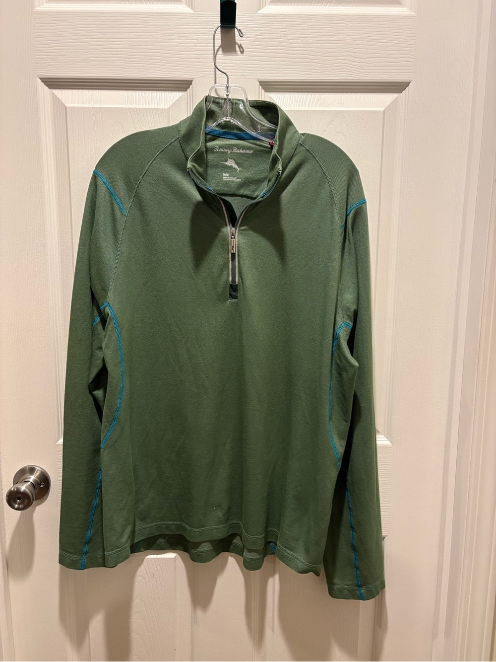 Tommy Bahama Olive Green Quarter-Zip Performance Pullover with Teal Stitching